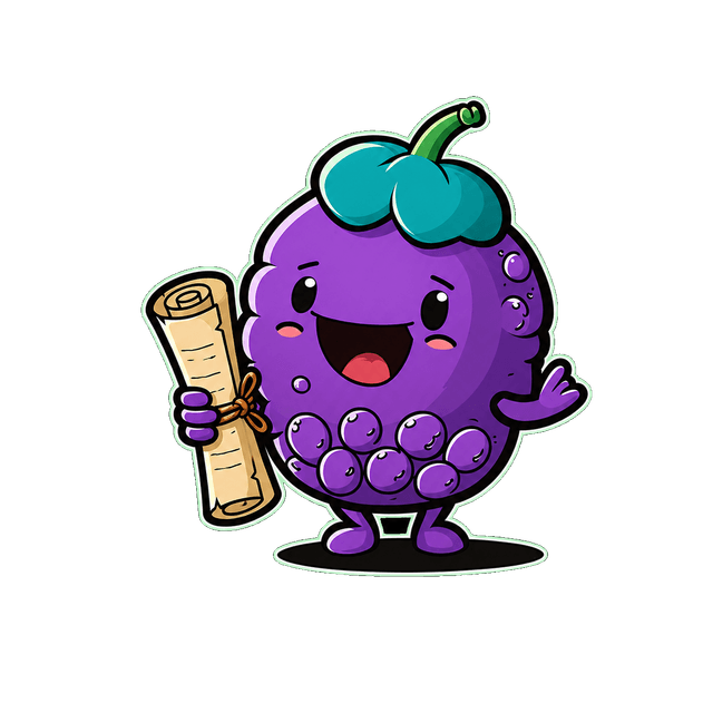 Scribeberry mascot, a friendly purple berry holding a medical scroll